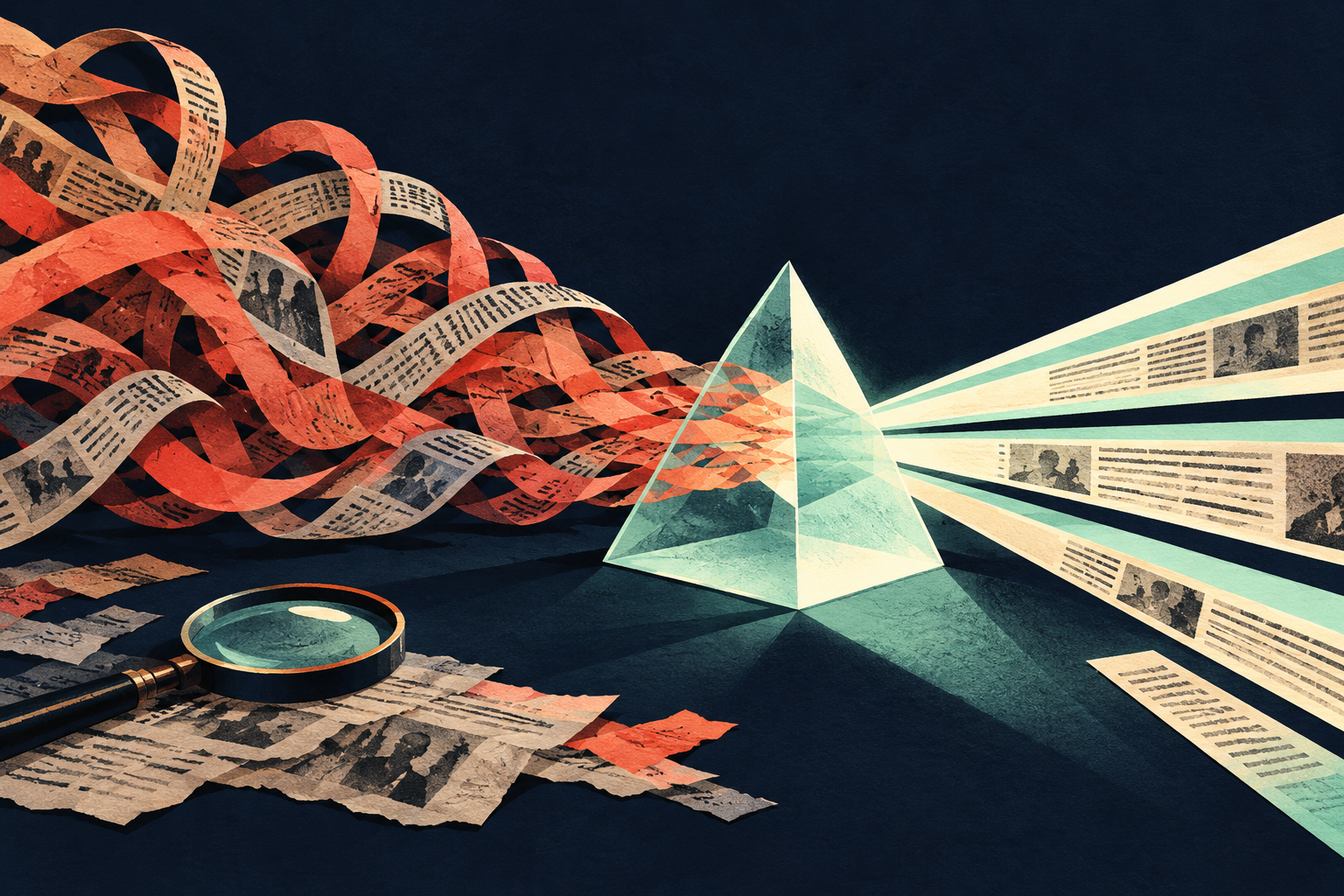 Newspaper ribbons passing through a prism